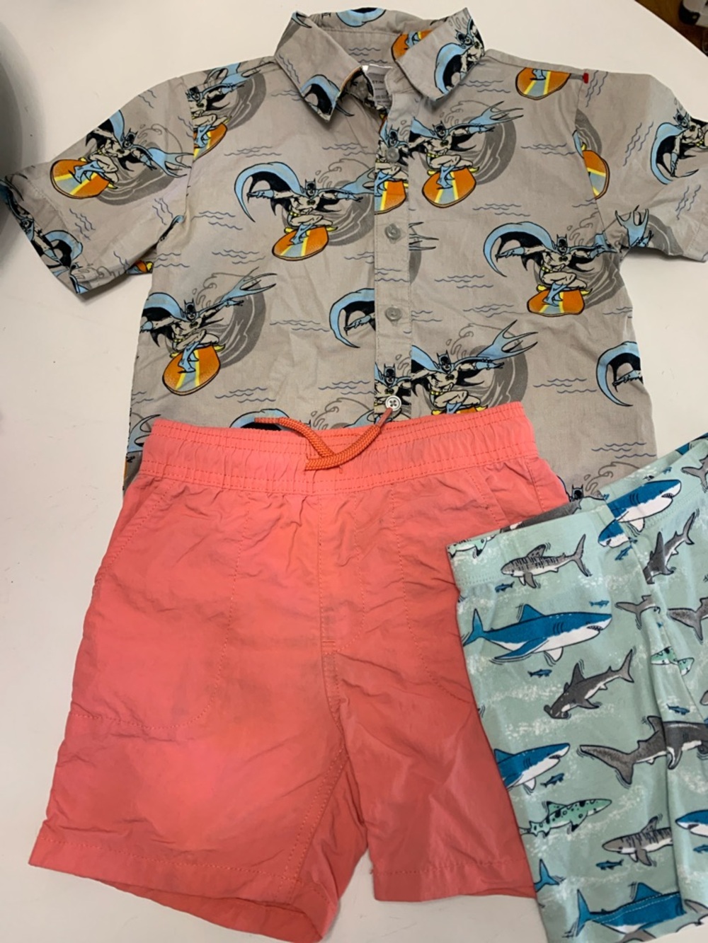Boys 5T Bundle Summer Batman Shirt Children Place Swim trunk & shark PJ shorts